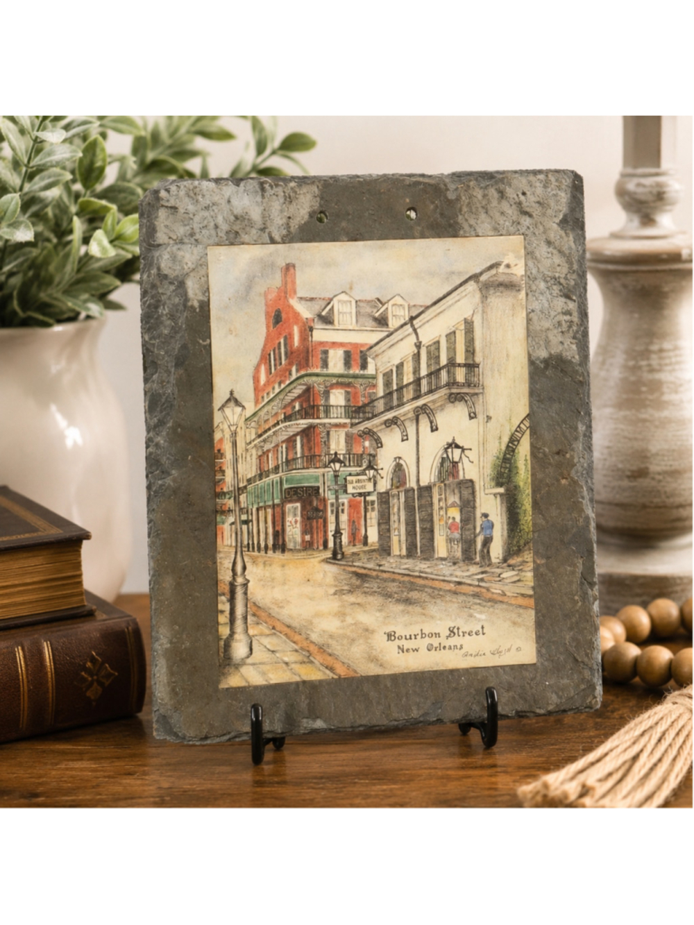 1970’s Archie Boyd's "Bourbon Street" on 1700s antique New Orleans slate 11x9”